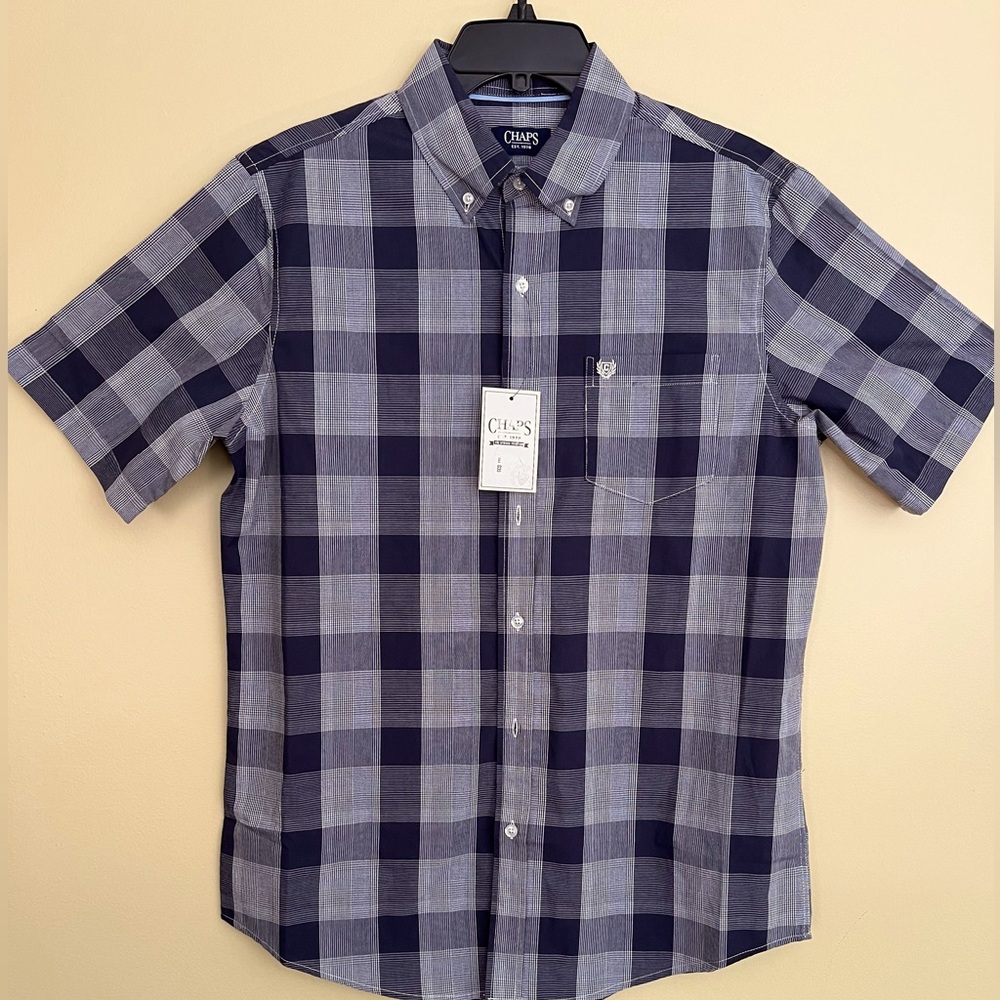 Chaps short sleeve, deep navy and gray plaid shirt